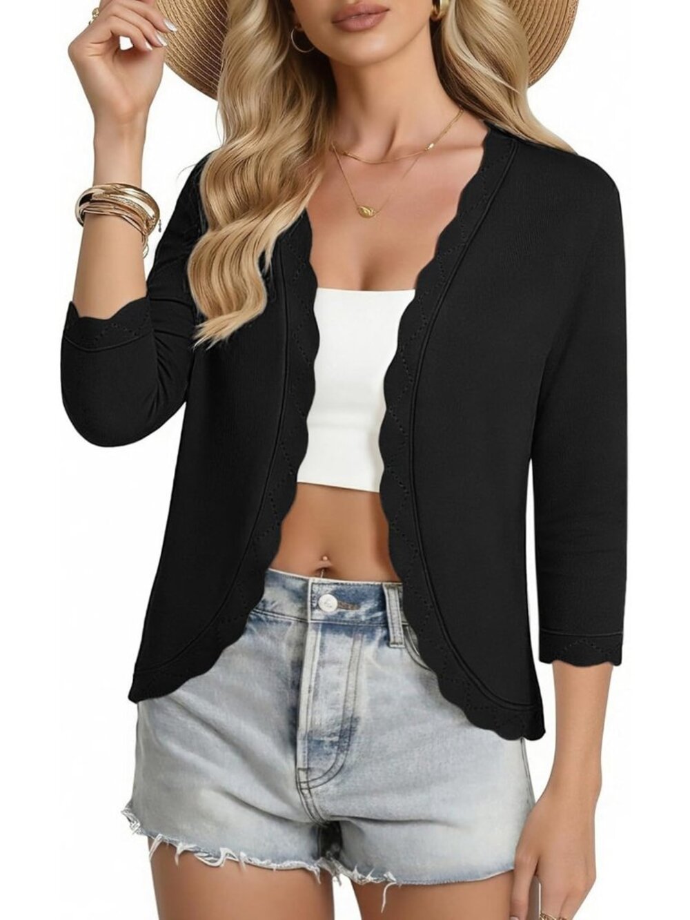 🆕Women's Dark Black Lightweight 3/4 Sleeve Cropped Cardigan Scalloped Shrug